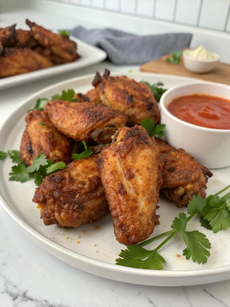 Golden crispy chicken wings in an air fryer basket, garnished with fresh herbs.