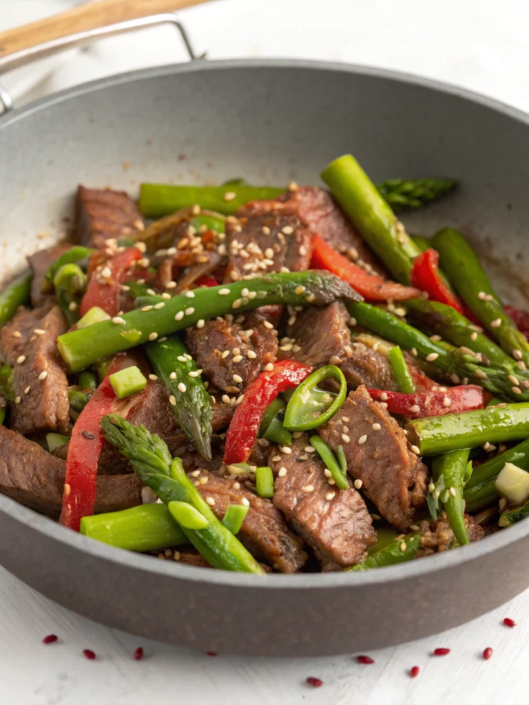 Spicy Beef Recipes: Top Best 7 Must-Try Dishes for Heat Lovers 4 A vibrant plate of Beef and Asparagus Stir Fry garnished with sesame seeds, showcasing tender strips of beef and fresh asparagus spears in a savory glaze.