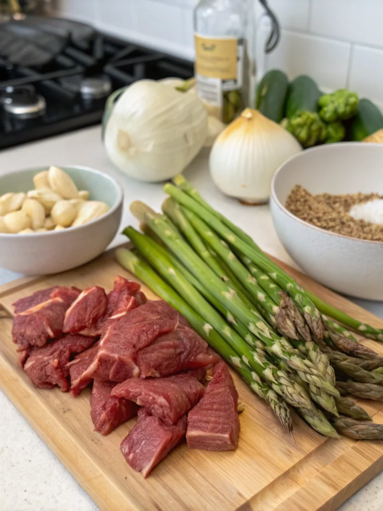 Spicy Beef Recipes: Top Best 7 Must-Try Dishes for Heat Lovers 3 Fresh beef slices, vibrant asparagus, garlic cloves, soy sauce, ginger, and red bell peppers laid out on a wooden board for a delicious stir fry. ifryy.com