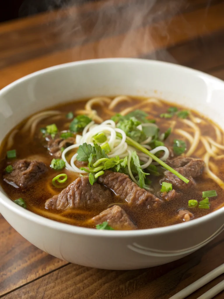 Pressure Cooker Beef Recipes: 7 Easy Dishes for Busy Nights 4 A steaming bowl of beef and noodle soup garnished with fresh herbs, showcasing tender beef slices and perfectly cooked noodles.