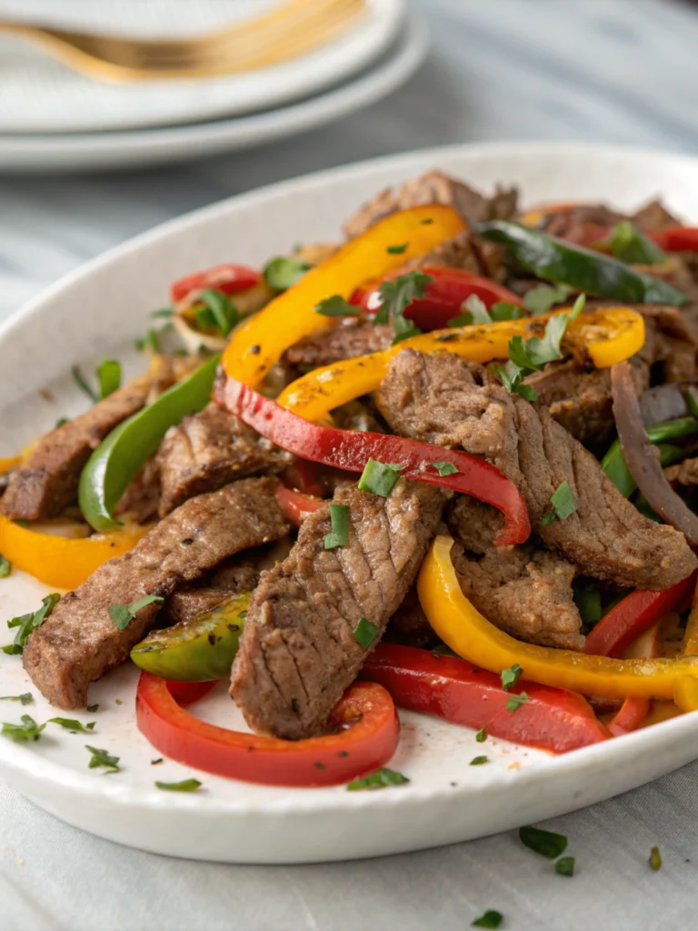 A sizzling skillet of beef and pepper steak garnished with fresh herbs, capturing the rich aroma and vibrant colors of the savory dish.