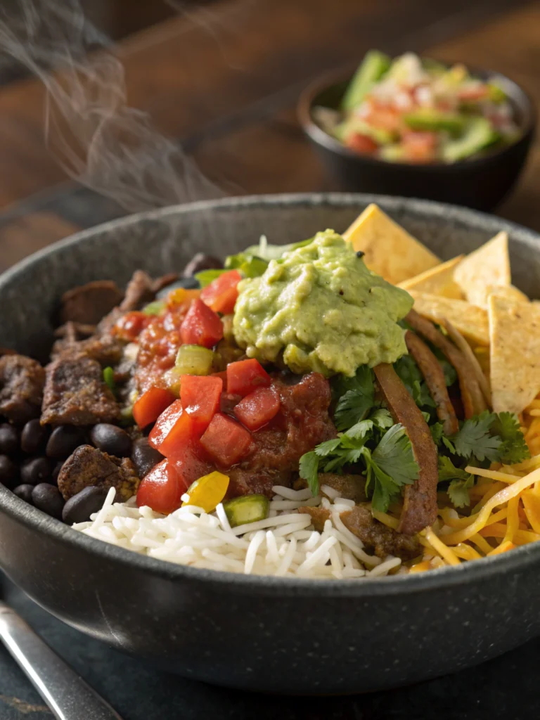 A colorful beef burrito bowl garnished with fresh cilantro, lime wedges, and surrounded by vibrant ingredients like diced tomatoes, avocado, beans, and rice.