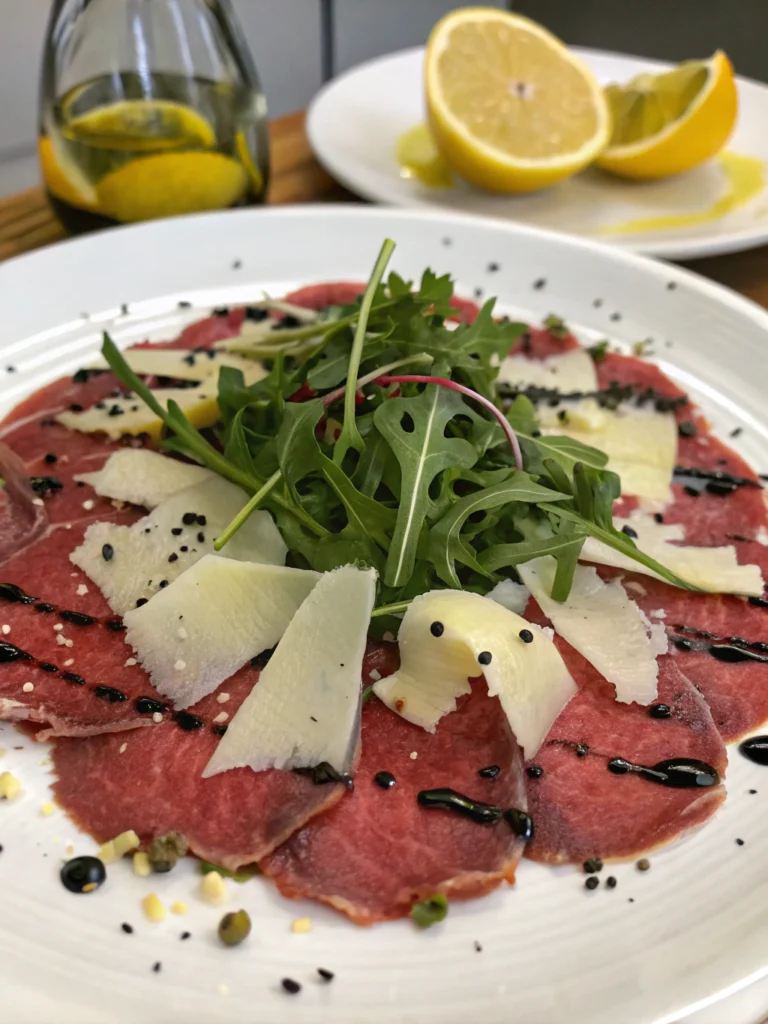 A beautifully plated beef carpaccio garnished with arugula, shaved Parmesan, and a drizzle of olive oil.