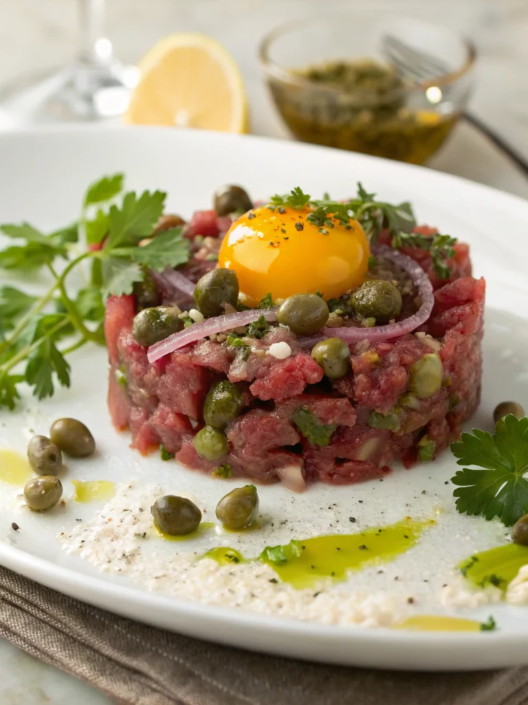 A gourmet beef tartare elegantly plated with fresh herbs and spices.