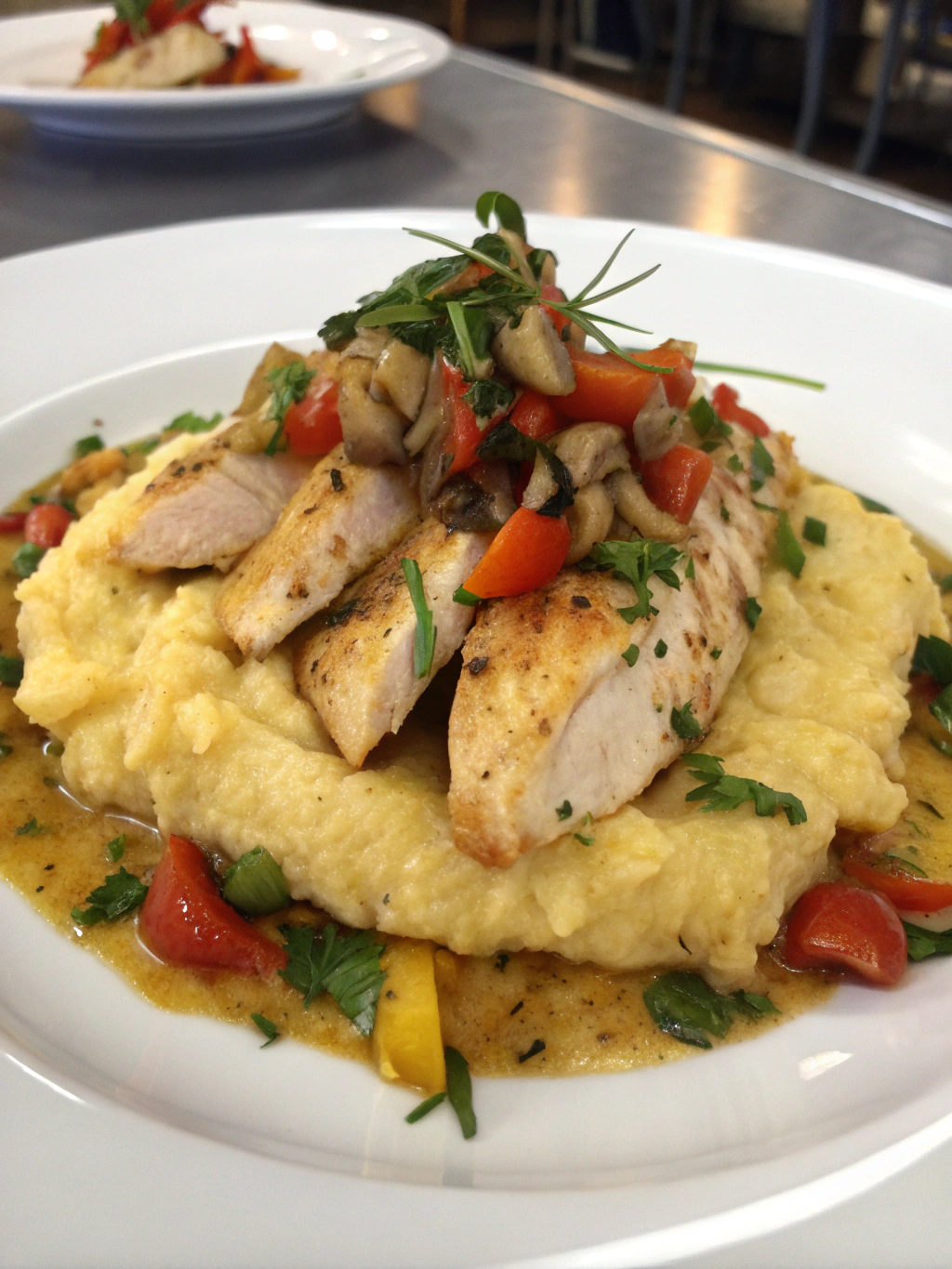 Chicken and Polenta Recipe: 3 Steps to a Delicious Dinner! 4 Final plated dish of Chicken and Polenta, garnished beautifully