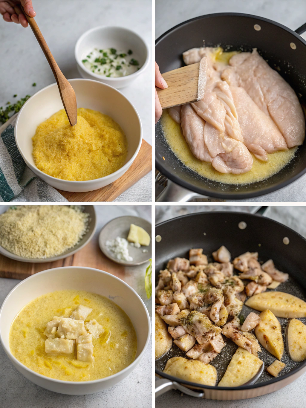 Chicken and Polenta Recipe: 3 Steps to a Delicious Dinner! 3 Collage showing the 3 main steps: searing chicken, simmering sauce, cooking polenta