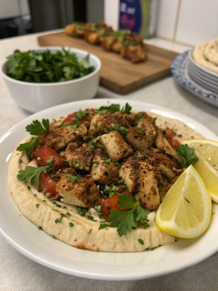 A plate of vibrant and flavorful chicken kawarma garnished with fresh herbs and served alongside warm flatbread.