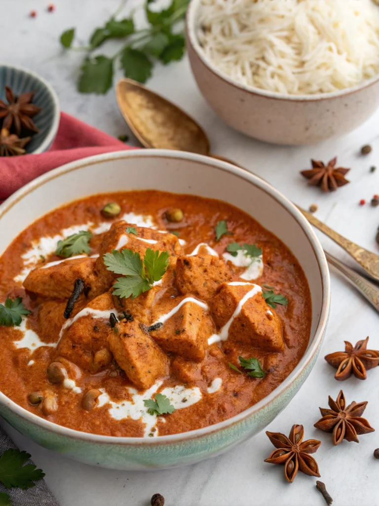 Chicken Stew Recipes: 5 Comforting Dishes You'll Love to Make! 4 A plate of vibrant Chicken Murgh Makhani garnished with fresh cilantro and served alongside naan bread.