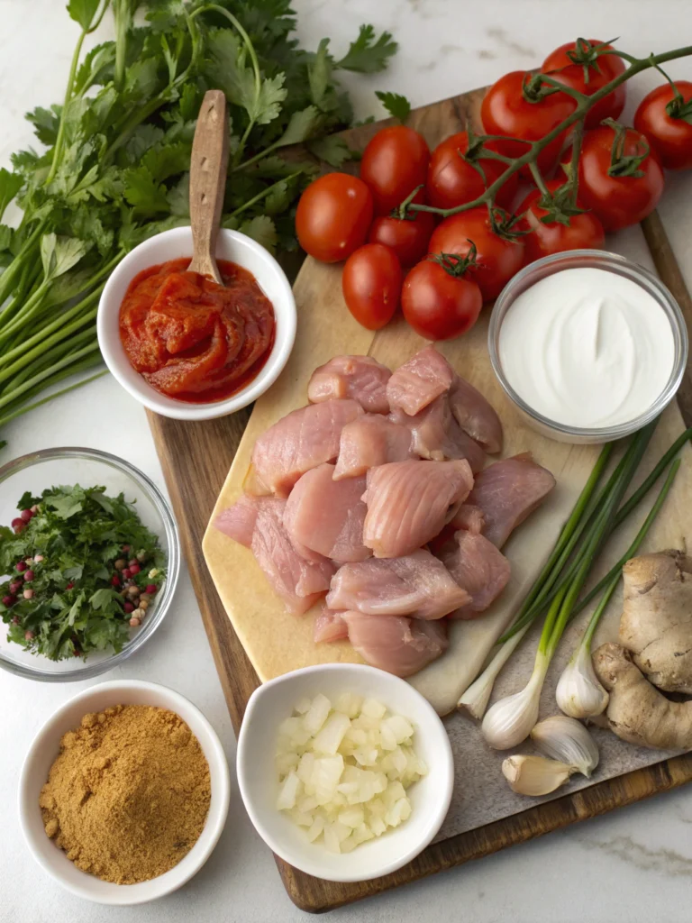 Chicken Stew Recipes: 5 Comforting Dishes You'll Love to Make! 3 "Ingredients for Chicken Murgh Makhani, including chicken pieces, tomatoes, cream, butter, and spices arranged on a wooden table." ifryy.com