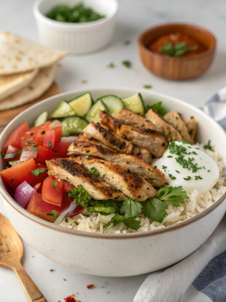 A vibrant Chicken Shawarma Bowl with colorful vegetables, tender chicken, and creamy sauce on a rustic wooden table.