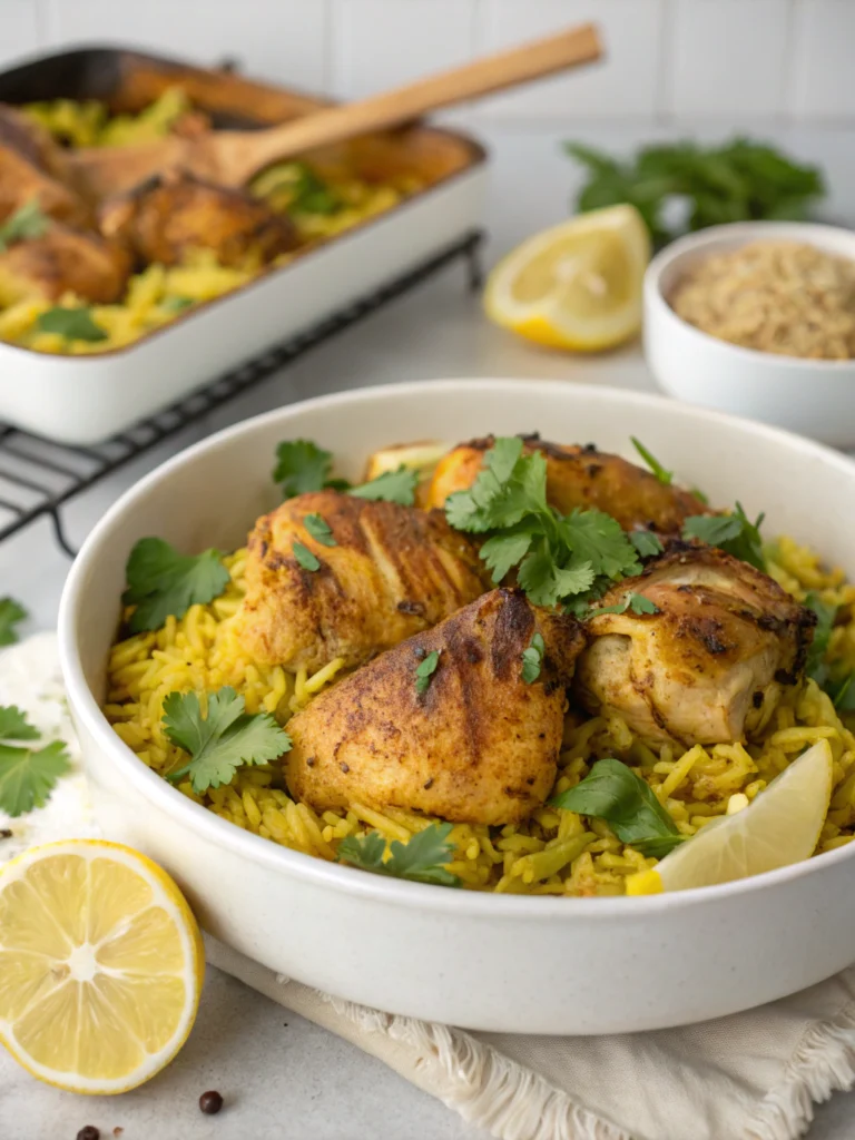 A vibrant dish of chicken seasoned with turmeric, garnished with fresh herbs and colorful spices.