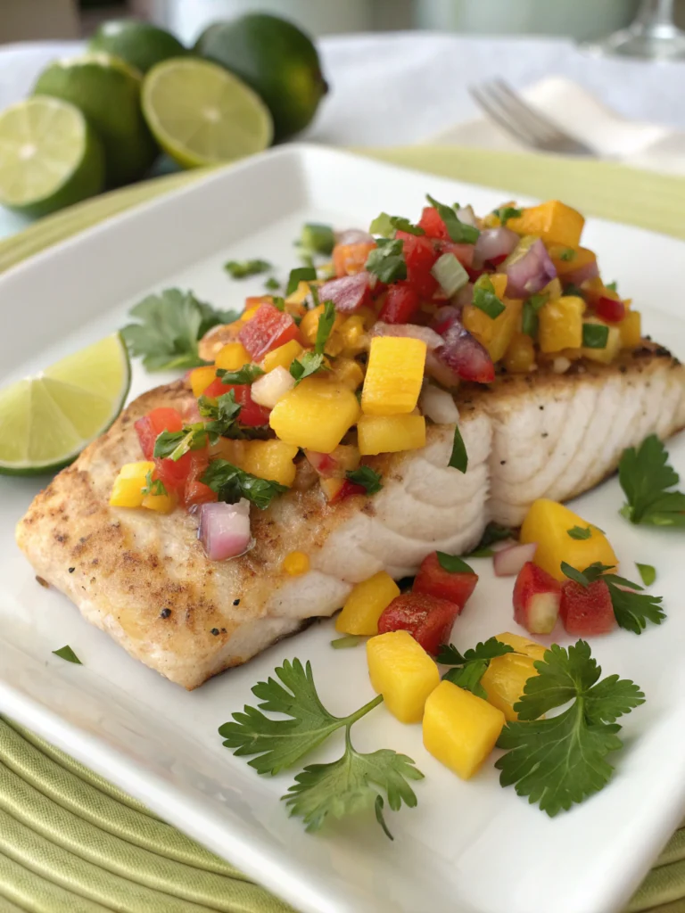 Fish and Mango Salsa A vibrant plate of grilled fish topped with colorful mango salsa, garnished with cilantro and lime wedges.