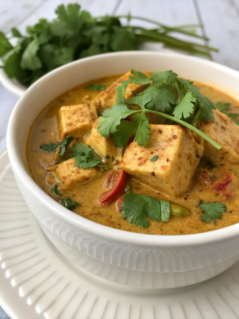 A vibrant bowl of fish curry made with plant-based ingredients, garnished with fresh herbs and lemon slices, showcasing a vegan twist on a classic dish. Fish Curry Vegan