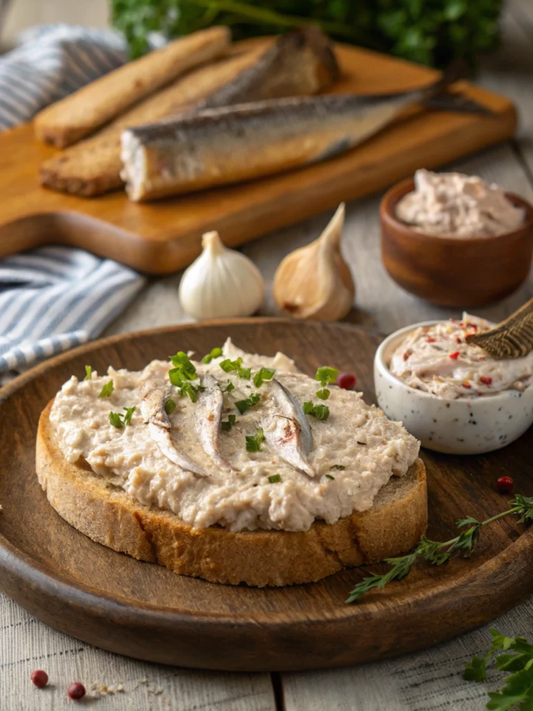 A beautifully presented dish of homemade fish rillettes garnished with fresh herbs and served with slices of crusty bread.
