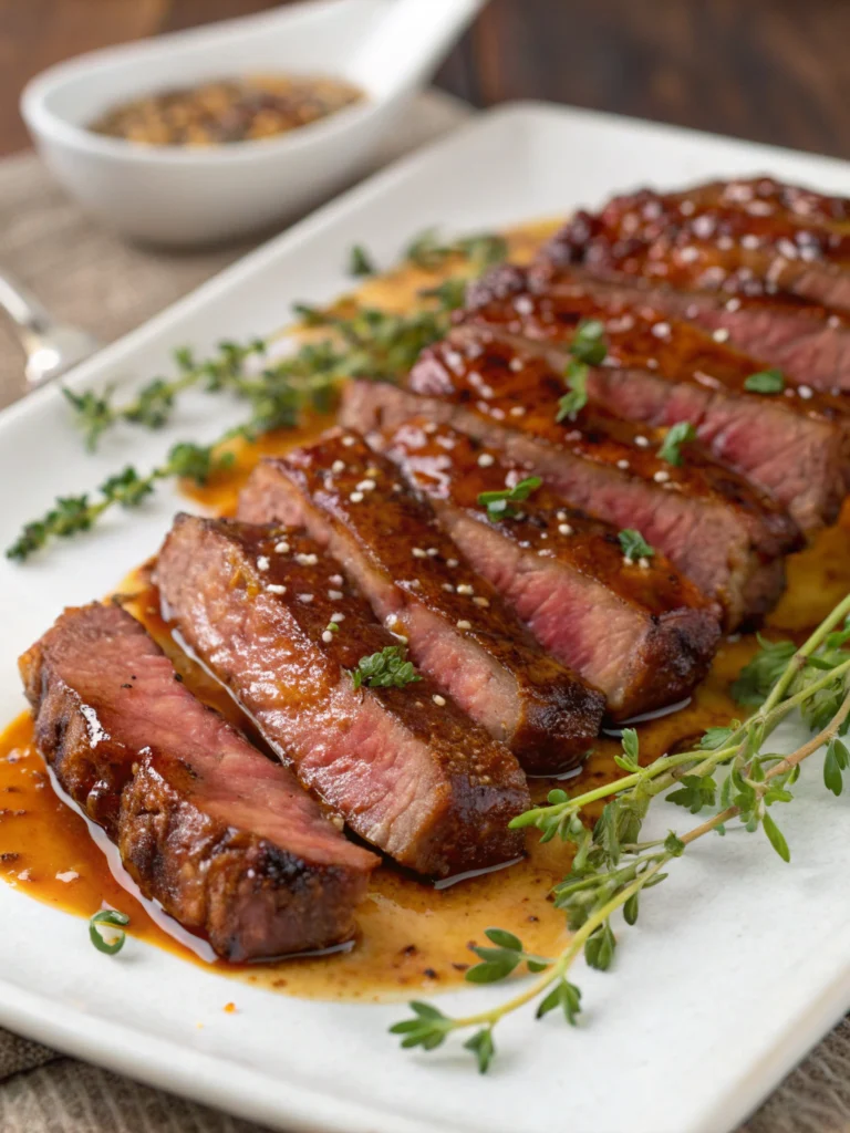 A close-up of maple glazed beef strips served on a wooden board with garnishes and dipping sauces.