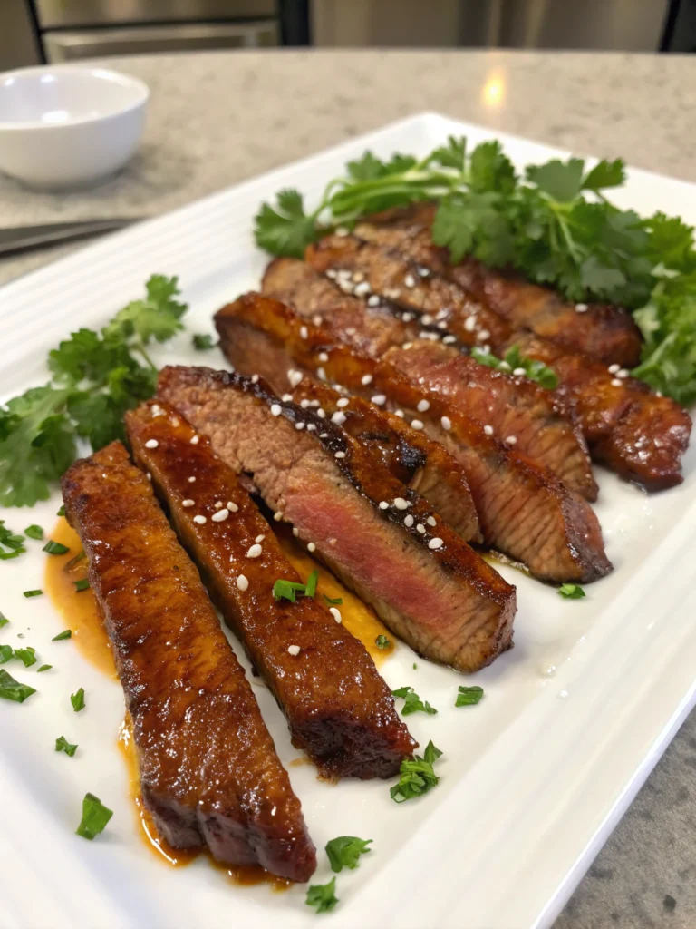 Beef Rice Recipes: 5 Easy Dishes You'll Love to Cook Tonight 3 A plate of maple glazed beef strips garnished with fresh herbs and served with steamed vegetables and rice.