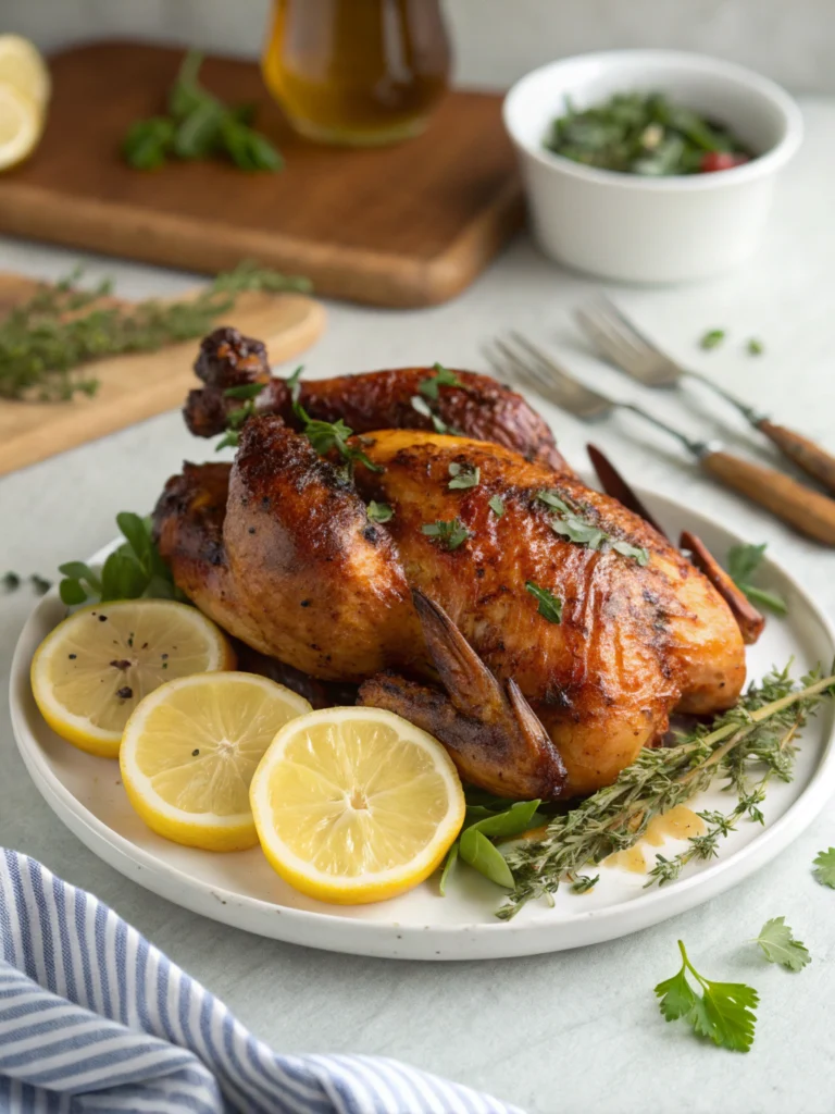 A succulent smoked chicken breast garnished with herbs, showcasing its juicy and flavorful texture.