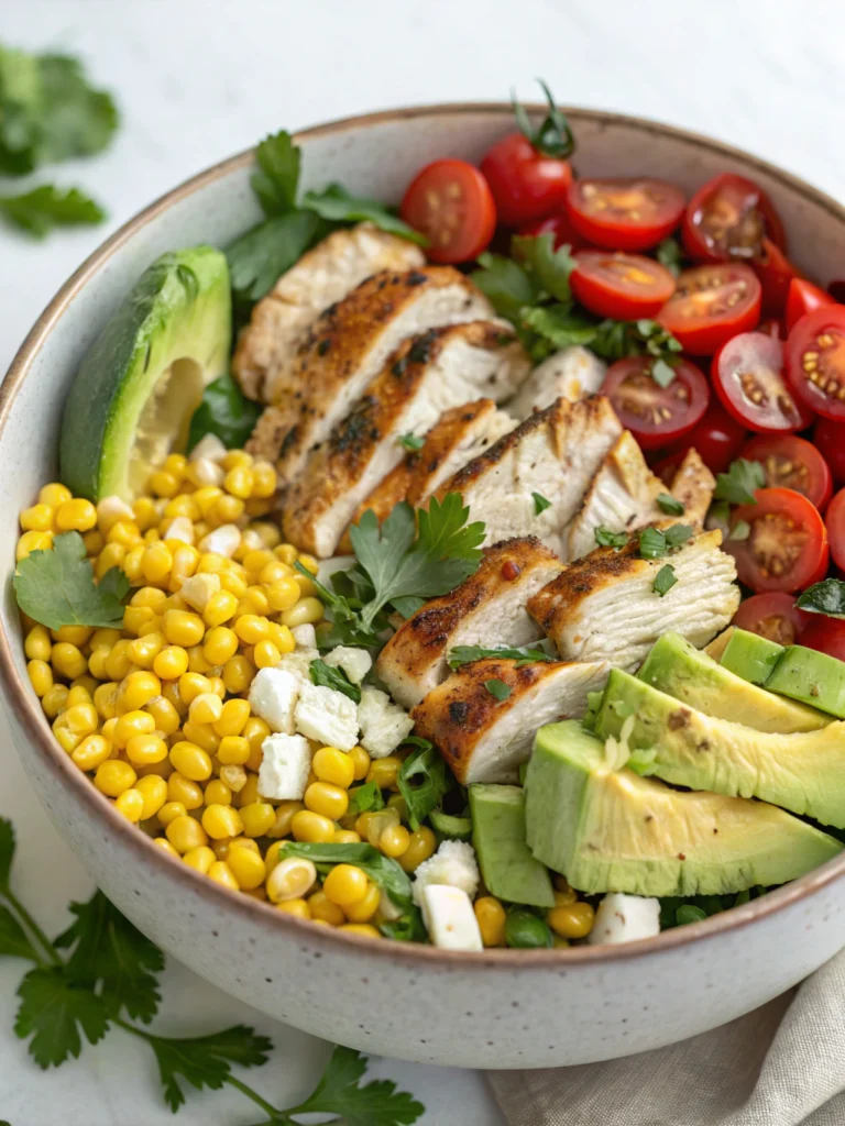 Chicken and Corn Salad Recipe: 3 Easy Steps to Deliciousness! 4 A vibrant bowl of chicken and corn salad garnished with fresh herbs and a drizzle of dressing. Chicken and Corn Salad Recipe