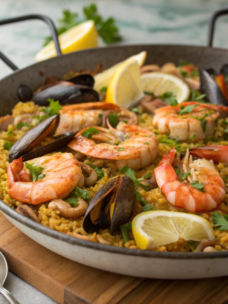 Seafood Paella Chicken Sides: 5 Best hack to Your Meal 5 A colorful array of fresh ingredients including shrimp, mussels, chicken, vibrant bell peppers, garlic, lemon wedges, and fragrant herbs for a delicious seafood paella meal. ifryy.com Seafood Paella Chicken Sides