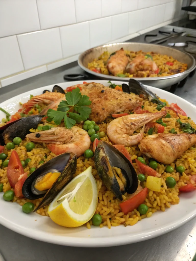Seafood Paella Chicken Sides: 5 Best hack to Your Meal 4 A visually appealing seafood paella paired with a variety of delicious chicken side dishes on a rustic wooden table.