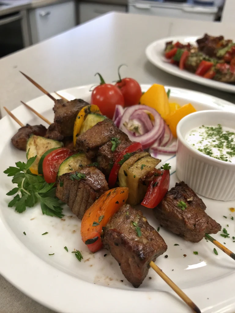 Beef Kabob Recipe: 5 Best Easy Hack for Perfection 1 Close-up shot of juicy beef kabobs with colorful vegetables, sizzling on a grill.