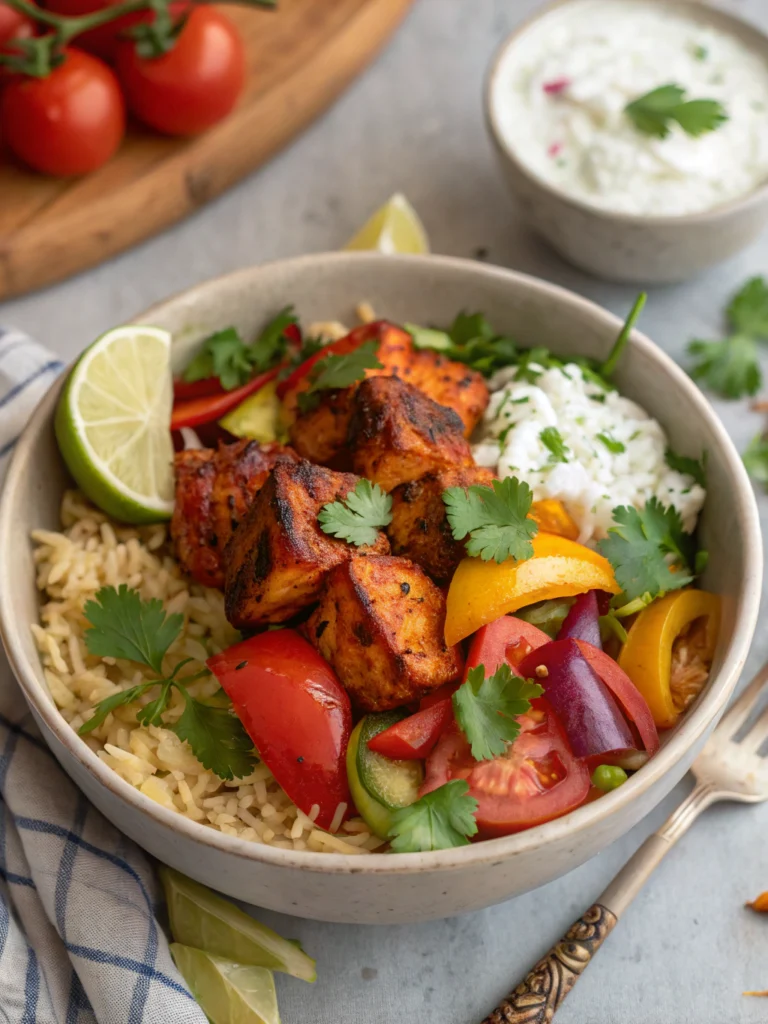 6 Ways to Perfect Your chicken tikka bowl recipe! 1 A visually appealing bowl of chicken tikka topped with fresh vegetables and aromatic spices.