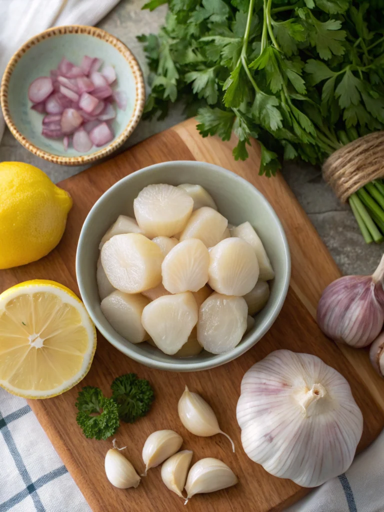 Scallop Recipes: 5 Best Ways to Impress Your Guests! 2 "Ingredients laid out for a scallop dish featuring fresh scallops, lemon, garlic, herbs, and butter." ifryy.com Scallop Recipes