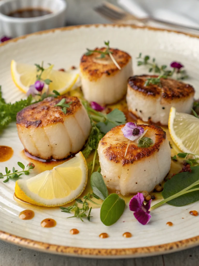 Scallop Recipes: 5 Best Ways to Impress Your Guests! 3 A beautifully plated dish of perfectly seared scallops, garnished with fresh herbs and accompanied by vibrant seasonal vegetables. Scallop Recipes