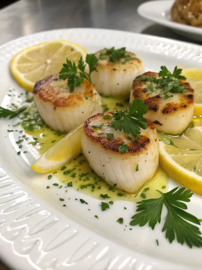 Scallop Recipes: 5 Best Ways to Impress Your Guests! 1 A beautifully plated dish of seared scallops garnished with fresh herbs and vibrant lemon slices, showcasing elegance and culinary artistry.