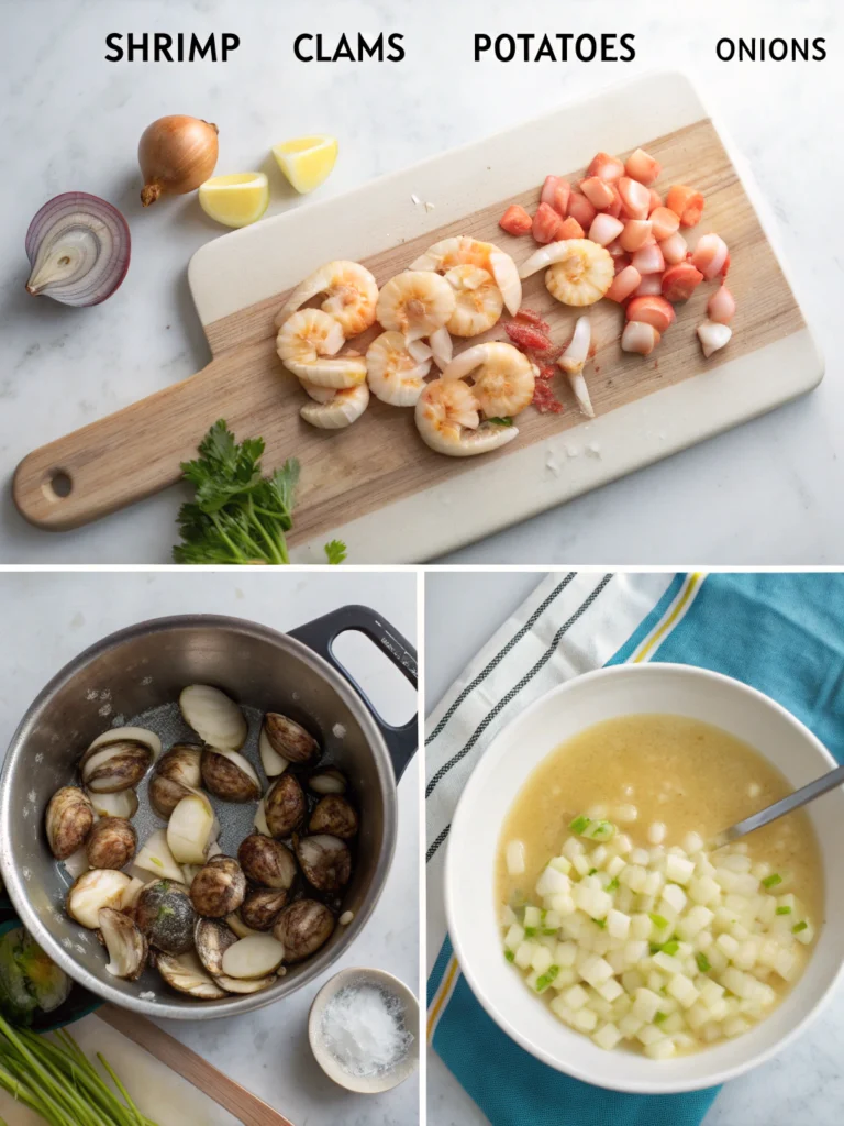 Seafood Chowder Recipes: 5 Easy Must-Try Flavorful Bowls! 3 Step-by-step images of preparing seafood chowder, showcasing ingredients, cooking process, and final presentation of a flavorful bowl. ifryy.com Seafood Chowder Recipes
